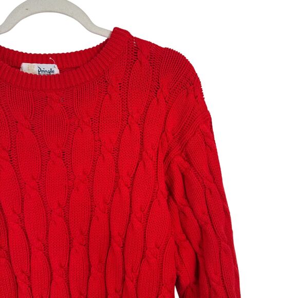 Pringle of Scotland Red Cable Knit Fisherman Sweater Preppy Crew Womens Large - Picture 2 of 4
